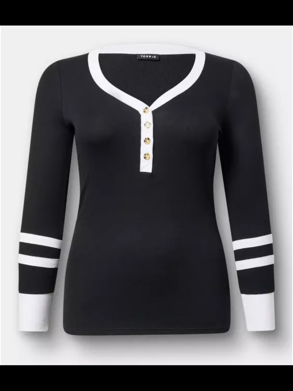 Black & White Henley Ribbed Varsity Long Sleeve Top, Torrid Size 2